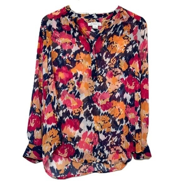 Liz Claiborne Watercolor Floral Abstract Long Sleeve Blouse Size Small - Picture 2 of 14